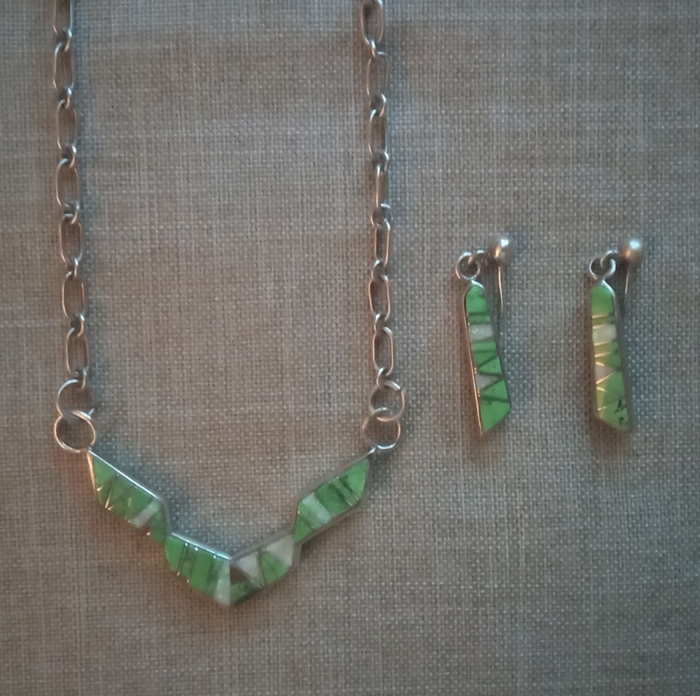 Sterling Silver Opal Jasper Vintage Necklace Earrings Set